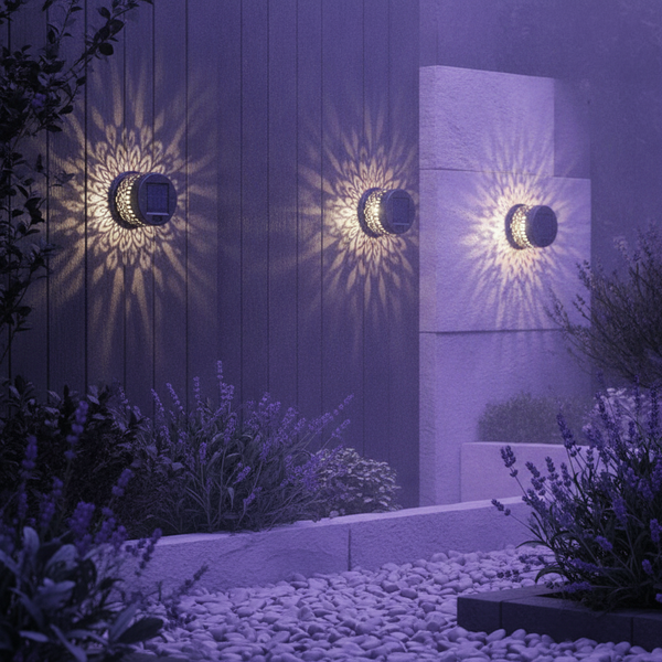 Close-up of several GloPetal solar lights glowing softly among lavender and charcoal foliage in a garden at twilight.