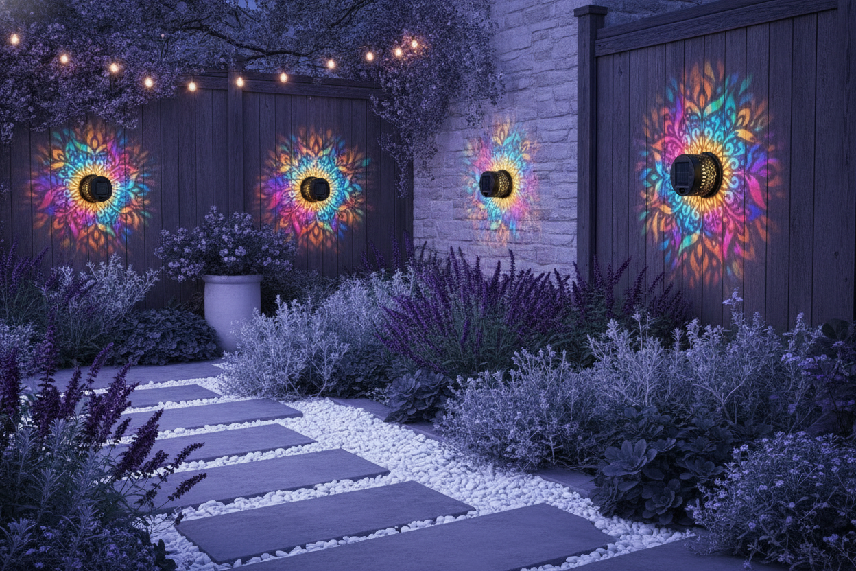 GloPetal solar lights glow softly at twilight in a garden with lavender and charcoal plants and white pathways.