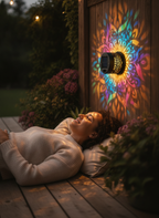Sarah M. smiling on her back porch, looking at a GloPetal solar-powered light display that resembles garden art.