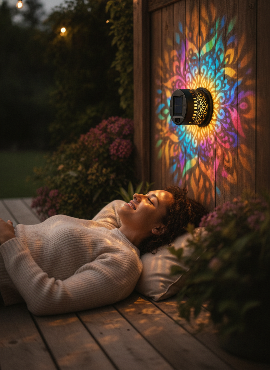 Sarah M. smiling on her back porch, looking at a GloPetal solar-powered light display that resembles garden art.