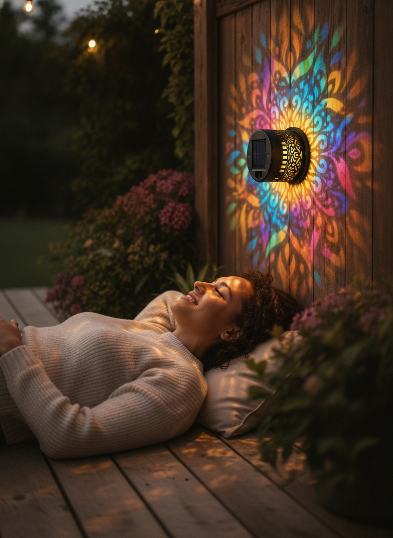 Sarah M. smiling on her back porch, looking at a GloPetal solar-powered light display that resembles garden art.