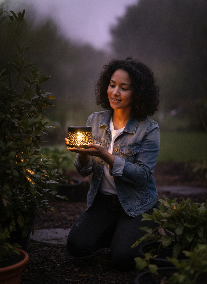 A woman holds a glowing GloPetal solar light in her damp garden at dusk, looking content, after it survived heavy rain.
