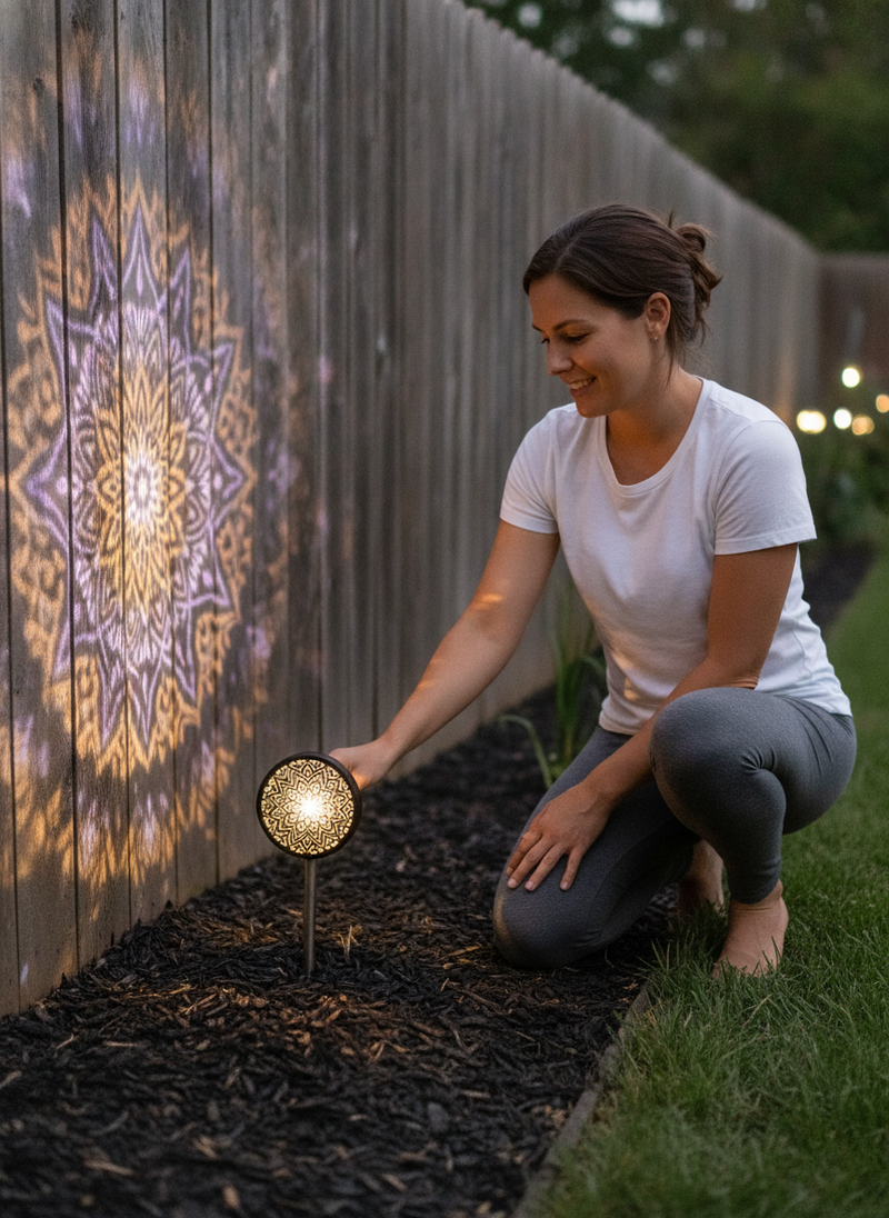 Woman in a backyard at dusk, smiling as she stakes a GloPetal into dark mulch. The background is softly blurred.